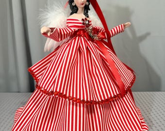 Handmade Peppermint Candy Striped Christmas Angel Tree Topper, Dark Haired Holiday Angel