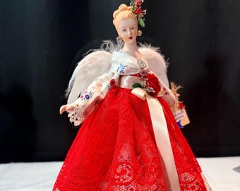 Victorian Inspired Patriotic USA Angel Tree Topper Porcelain Collectible Gift Angel