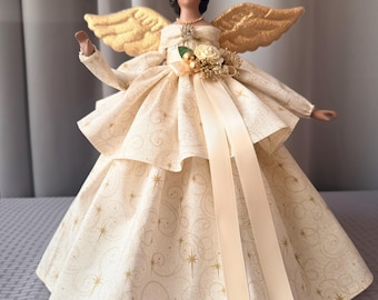 African American Gold and Ivory Christmas Angel Tree Topper, 12 Inch Black Holiday Angel For The Tree