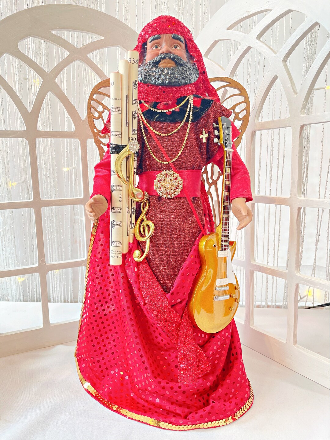 Black Male Christmas Angel Tree Topper Music Themed Holiday Tree Top