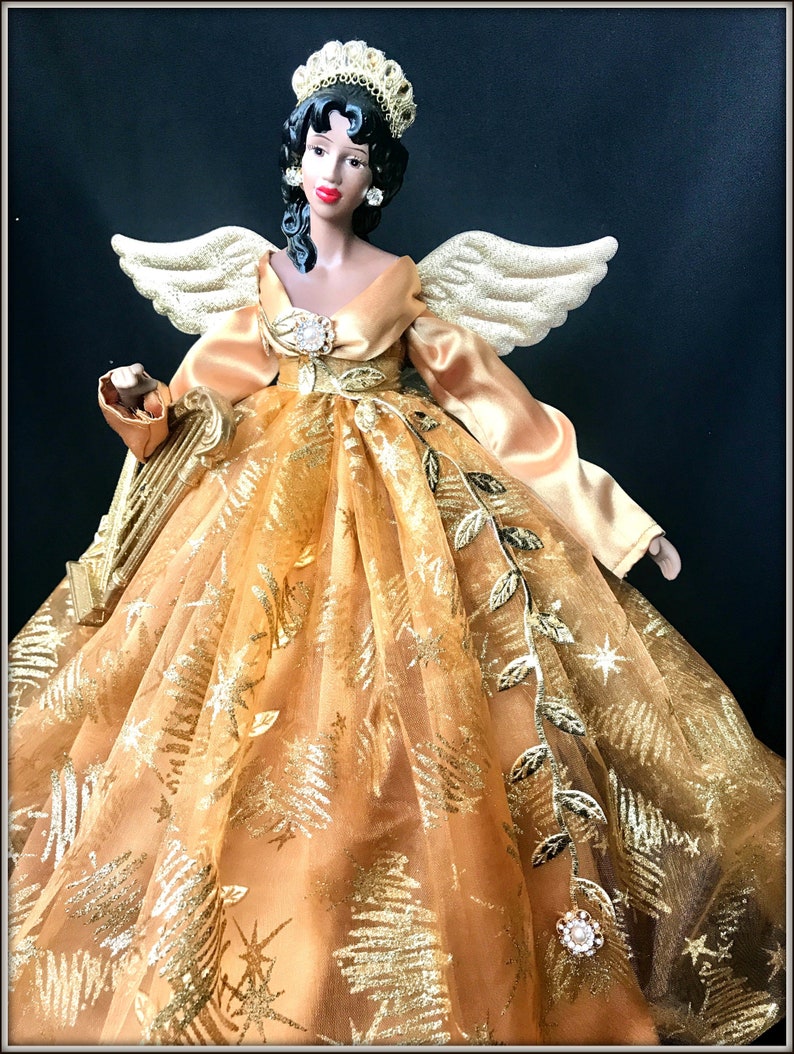 One of a Kind Angel Christmas Angel For The Tree Gold African American Christmas Angel Treetopper Black Holiday Angel Treetop Handmade