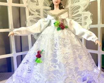 Lighted Latina Christmas Angel Treetopper White Lace OOAK Handcrafted Holiday Tree Top