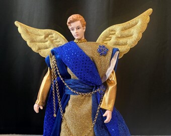 Male Christmas Angel Treetopper Royal Blue and Gold Handmade OOAK Holiday Angel Home Decoration