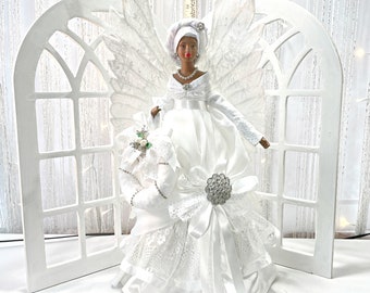 All White Black Christmas Angel Mantle Sized Home Decor, 22 Inch African American Angel "GLORY" One of a kind Handmade Gift Angel For Her