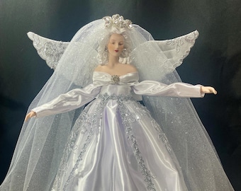 Christmas Angel Treetopper White and Silver Handcrafted One of a Kind Holiday Decoration