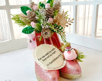 Small Miniature High Heels Pink Floral Centerpiece, "For We Walk By Faith and Not By Sight", Pink Shoes Floral Happy Mother's Day Gift