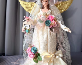 Victorian Angel Christmas Mantle Brunette Haired Tree Topper Handmade One of a Kind