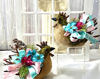 Pink and Turquoise 2 pc Grapevine Chickens for Spring Floral Arrangement, Handmade Small Centerpieces For Kitchen or Powder Room Home Decor