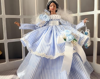 African American Powder Blue Striped Christmas Angel Treetopper Handmade Black Holiday Tree Topper Collectible