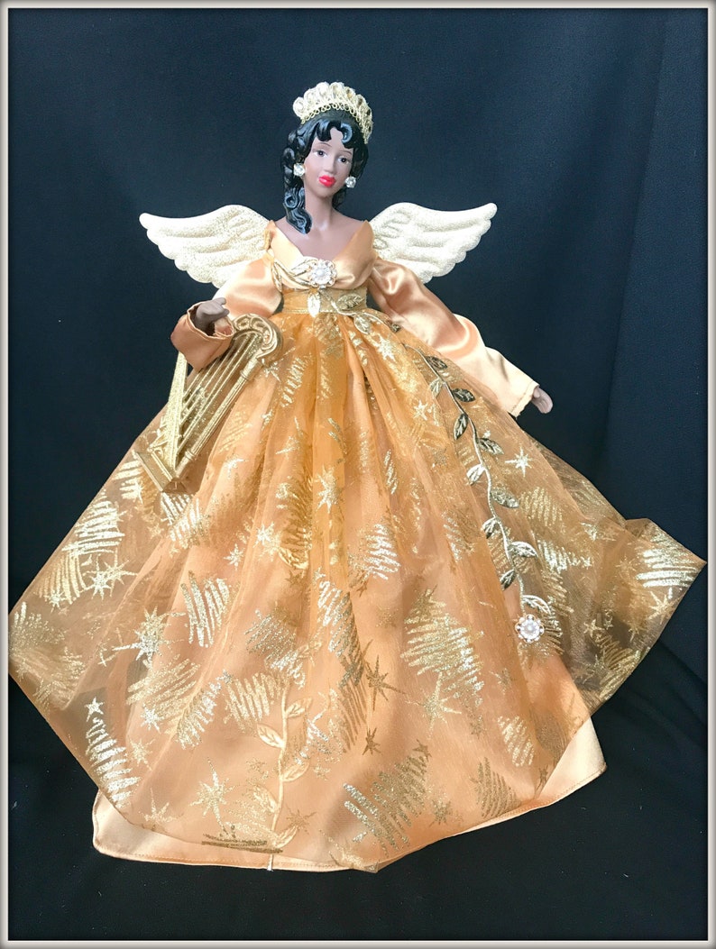 One of a Kind Angel Christmas Angel For The Tree Gold African American Christmas Angel Treetopper Black Holiday Angel Treetop Handmade