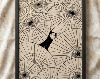 Japanese Geisha Poster | Minimalist Umbrellas Ukiyo e Print | Japandi Asian Wall Art