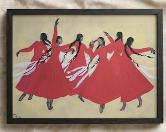 Dancing Women Poster | Red Dress Folk Art Print | Native Heritage Vintage Wall Decor