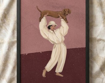Dachshund Woman Poster | Minimalist Wiener Dog Art Print | Aesthetic Retro Pet Wall Decor
