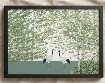 Japanese Crane Poster | Mid Century Bird Folk Art Print | Japandi Nature Wall Decor