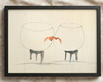 Japanese Goldfish Poster | Sumi-e Ink Wash Fish Print | Japandi Minimalist Asian Wall Art