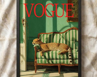 Póster vintage con la portada de Vogue con estampado de leopardo, lámina decorativa para pared de revista de moda.