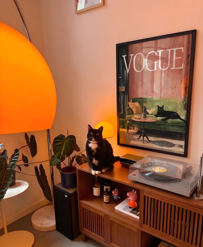 Puede incluir: Un gato blanco y negro est&aacute; sentado encima de un mueble de madera, junto a un tocadiscos y una impresi&oacute;n enmarcada de "Vogue". La habitaci&oacute;n cuenta con una gran l&aacute;mpara naranja, plantas en macetas y botellas decorativas. Tambi&eacute;n se ve una peque&ntilde;a figura de Peppa Pig.