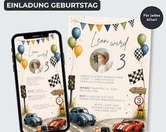 Auto Geburtstag Einladung Junge, Rennfahrer Party Einladungskarte, Foto Canva Vorlage, WhatsApp Einladung, Sofort Download