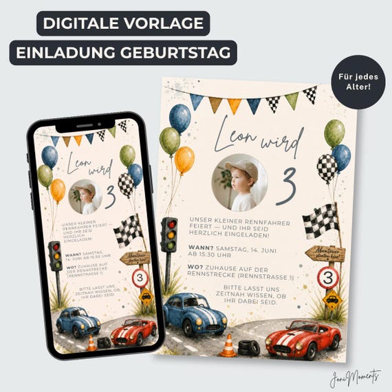 Auto Geburtstag Einladung Junge, Rennfahrer Party Einladungskarte, Foto Canva Vorlage, WhatsApp Einladung, Sofort Download