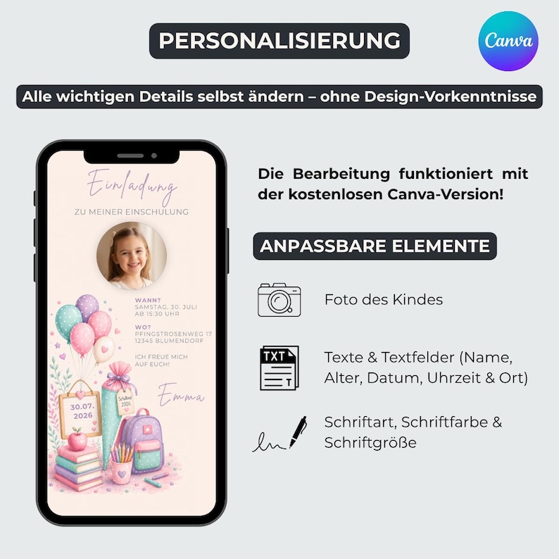May include: A digital invitation template for a school enrolment party displayed on a smartphone screen. The design features pastel balloons, a school cone, a backpack, and a stack of books. Text includes Einladung, Emma, and event details.