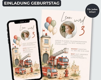 May include: Digital birthday invitation featuring a watercolor illustration of a fire station, fire trucks, and balloons. The invitation includes the text "Leon wird 3" and event details. The design is suitable for any age.