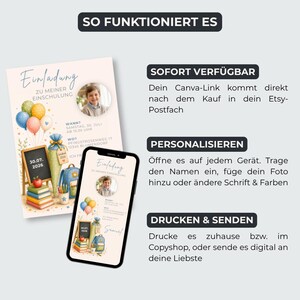 Puede incluir: Una plantilla de invitaci&oacute;n digital para el inicio escolar con la foto de un ni&ntilde;o, globos coloridos, una pizarra, libros y un cono escolar. El texto incluye 'Einladung zu meiner Einschulung', 'So funktioniert es', 'Sofort verf&uuml;gbar', 'Personalisieren' y 'Drucken & senden'.