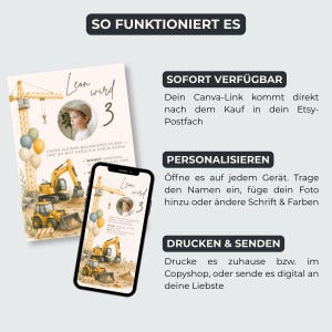 May include: A digital invitation design featuring a child's photo, construction vehicles, and balloons. The invitation is displayed on a printed card and a smartphone. Text includes "Leon wird 3" and instructions.