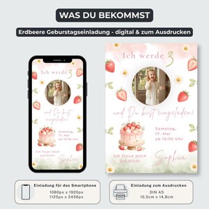 May include: A digital birthday invitation template featuring a strawberry and daisy theme with a circular photo frame, a cake illustration, and the German text Ich werde 3 und Du bist eingeladen, Samtag 17 Mai ab 15:30 Uhr, Ich freue mich auf Dich, Sophia.