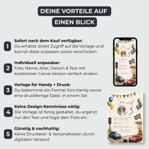 Pu&ograve; includere: Un'infografica intitolata DEINE VORTEILE AUF EINEN BLICK che elenca cinque vantaggi di un modello di invito digitale. Mostra uno smartphone e una carta stampata con un tema di auto da corsa, palloncini, una foto e testo in tedesco.