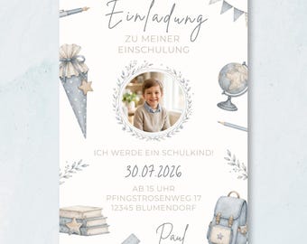 Einschulung Einladung Junge | Schulanfang Einladung mit Foto | Canva Vorlage Blau | Sofort Download