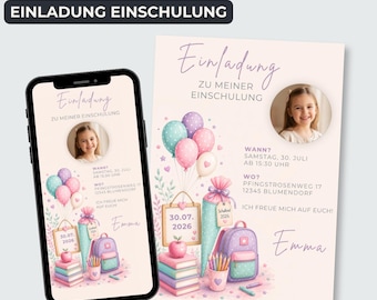 Può includere: Un modello di invito digitale per una festa di inizio scuola con la foto di una bambina, palloncini pastello, un cono scolastico, uno zaino e libri. Il testo include Einladung zu meiner Einschulung, Wann, Wo e il nome Emma.