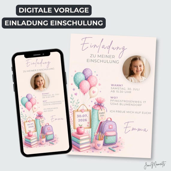 Einschulung Einladung Mädchen mit Foto, rosa Ballons & Schultüte, editierbare Canva Vorlage als Handy + Druck, digitaler Sofort Download