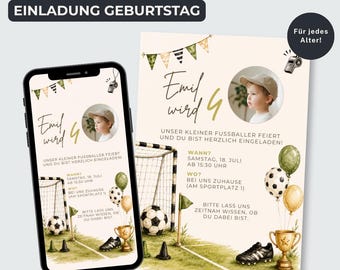 Fußball Geburtstagseinladung, Einladung für Kindergeburtstag, personalisierbar mit Foto, Canva Vorlage, Sofort Download