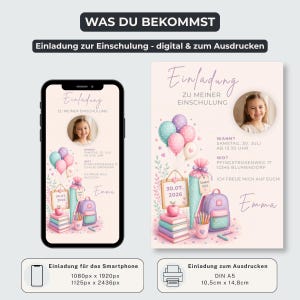 May include: A digital and printable school enrolment invitation template featuring a light pink background, pastel balloons, a stack of books, a school cone, a backpack, and a circular photo frame. The text includes Einladung zu meiner Einschulung.