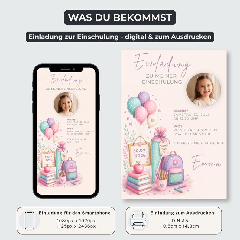 May include: A digital and printable school enrolment invitation template featuring a light pink background, pastel balloons, a stack of books, a school cone, a backpack, and a circular photo frame. The text includes Einladung zu meiner Einschulung.