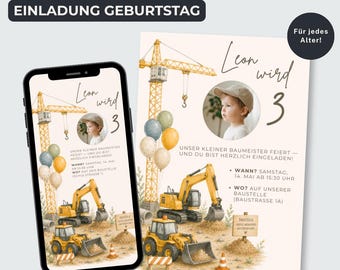 Baustelle Geburtstagseinladung mit Foto – digitale + druckbare Canva Vorlage, Bagger Kindergeburtstag Einladung, E‑Card & PDF zum Ausdrucken