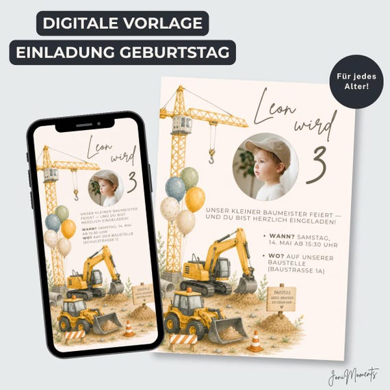 Baustelle Geburtstagseinladung mit Foto – digitale + druckbare Canva Vorlage, Bagger Kindergeburtstag Einladung, E‑Card & PDF zum Ausdrucken