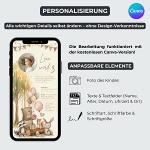 Op de afbeelding: Een smartphonescherm met een aanpasbare verjaardagsuitnodiging met aquarel bosdieren, ballonnen en vlaggetjes. De interface toont bewerkbare elementen zoals een kinderfoto, tekstvelden voor evenementdetails en instellingen voor lettertypes.