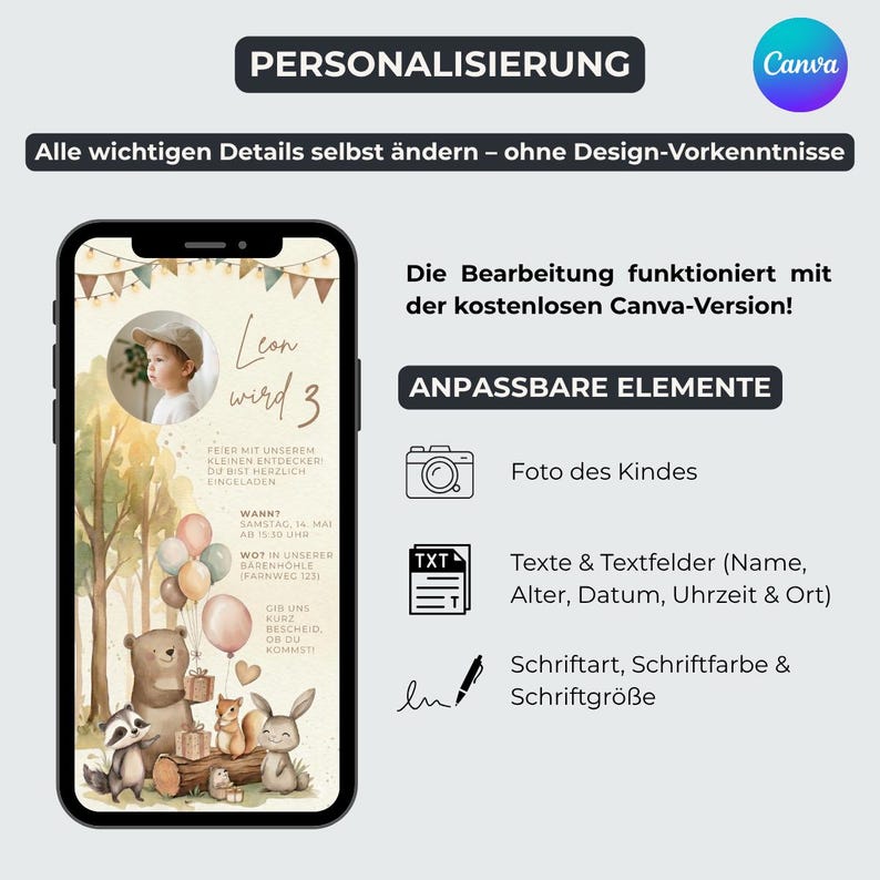 Op de afbeelding: Een smartphonescherm met een aanpasbare verjaardagsuitnodiging met aquarel bosdieren, ballonnen en vlaggetjes. De interface toont bewerkbare elementen zoals een kinderfoto, tekstvelden voor evenementdetails en instellingen voor lettertypes.
