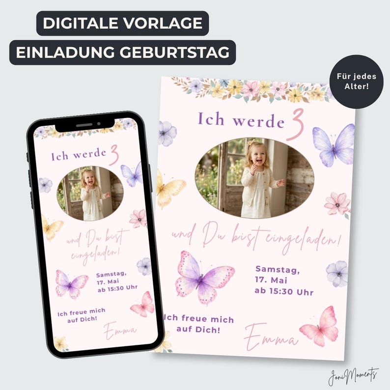 May include: A digital birthday invitation template featuring watercolor butterflies and flowers on a light pink background. The design includes a central oval photo frame, the text Ich werde 3 und Du bist eingeladen, Samstag, 17. Mai ab 15:30 Uhr, Ich freue mich auf Dich, and the name Emma.