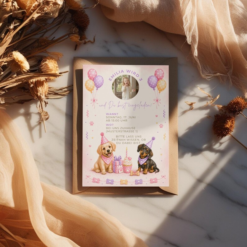 Peut inclure: Une carte d'invitation d'anniversaire rectangulaire avec une photo circulaire d'un enfant, des ballons color&eacute;s et des illustrations de deux chiots portant des chapeaux de f&ecirc;te et des bandanas. Le texte inclut 'EMILIA WIRD 3' et des d&eacute;tails.