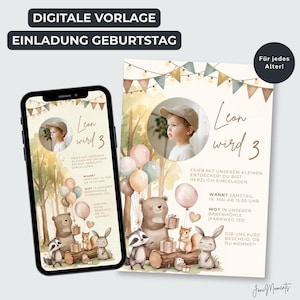 Op de afbeelding: Een digitale verjaardagsuitnodiging met een bosthema, inclusief aquarelillustraties van een beer, wasbeer, eekhoorn en konijn. Het ontwerp bevat ballonnen, vlaggetjes en een ronde fotolijst. De tekst op de uitnodiging bevat onder andere Leon wird 3.