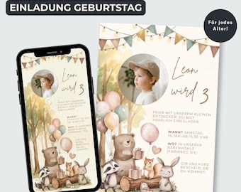 Tiere Geburtstag Einladung Junge, Mädchen, Woodland Party Einladungskarte, Foto Canva Vorlage, Einladung WhatsApp, Sofort Download