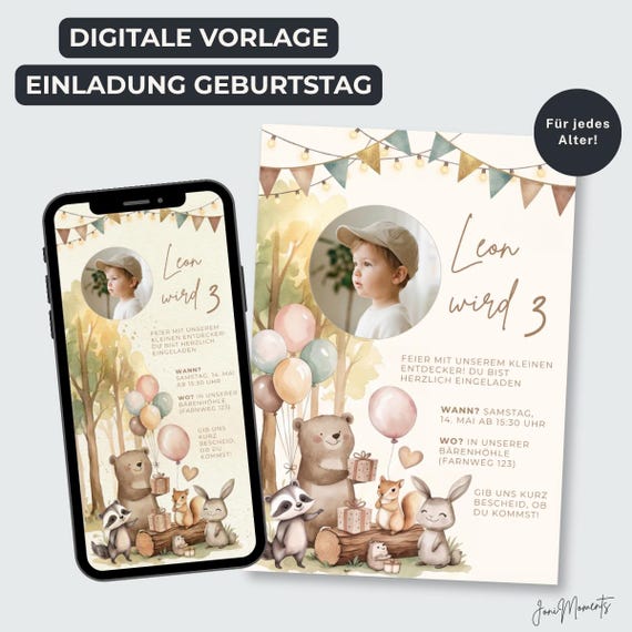 Tiere Geburtstag Einladung Junge, Mädchen, Woodland Party Einladungskarte, Foto Canva Vorlage, Einladung WhatsApp, Sofort Download