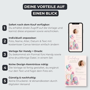 May include: A digital invitation template for a school enrolment party featuring a light pink background, pastel balloons, a backpack, and books. The text includes DEINE VORTEILE AUF EINEN BLICK and five numbered points explaining the customisation process.