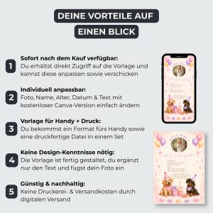 Peut inclure: Une infographie de mod&egrave;le d'invitation num&eacute;rique avec cinq points num&eacute;rot&eacute;s en allemand. Le visuel pr&eacute;sente un smartphone et une maquette de carte imprim&eacute;e, illustrant un th&egrave;me d'anniversaire rose avec des ballons, un chiot et un chaton.