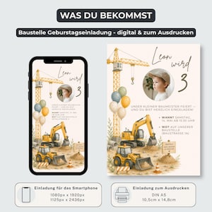 May include: Digital and printable birthday invitation featuring a construction theme. The design includes a yellow excavator, a crane, and balloons. The invitation is for a child's third birthday, with the name "Leon" displayed.