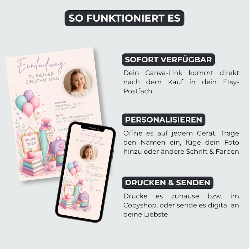 May include: A digital invitation template for a school enrolment party featuring a light pink background, balloons, a school cone, books, and a photo placeholder. The text includes "SO FUNKTIONIERT ES," "SOFORT VERF&Uuml;GBAR," "PERSONALISIEREN," and "DRUCKEN & SENDEN."