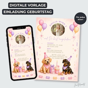 Peut inclure: Un mod&egrave;le d'invitation d'anniversaire num&eacute;rique affich&eacute; sur un smartphone et en version imprim&eacute;e. Le design pr&eacute;sente la photo d'un enfant, des ballons color&eacute;s et deux chiots portant des chapeaux de f&ecirc;te. Le texte inclut 'EMILIA WIRD 3' et des d&eacute;tails.