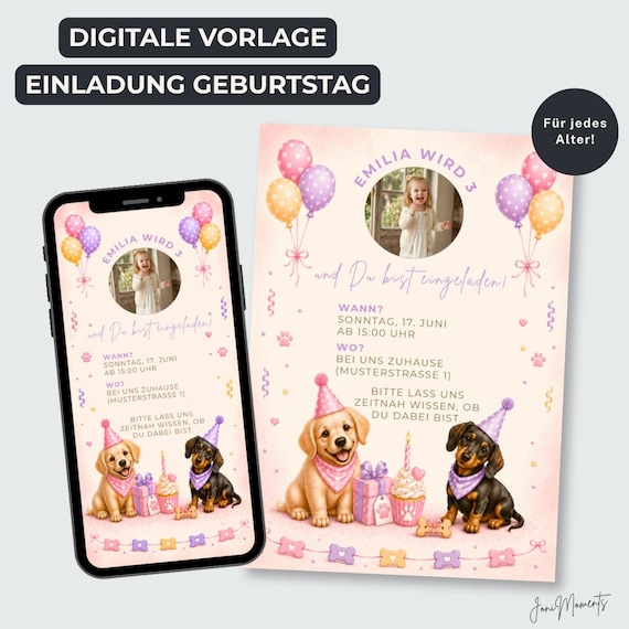 Hund Einladung Kindergeburtstag, Rosa Pastell Hunde Party, Geburtstagseinladung mit Foto, Canva Vorlage editierbar, Sofort Download